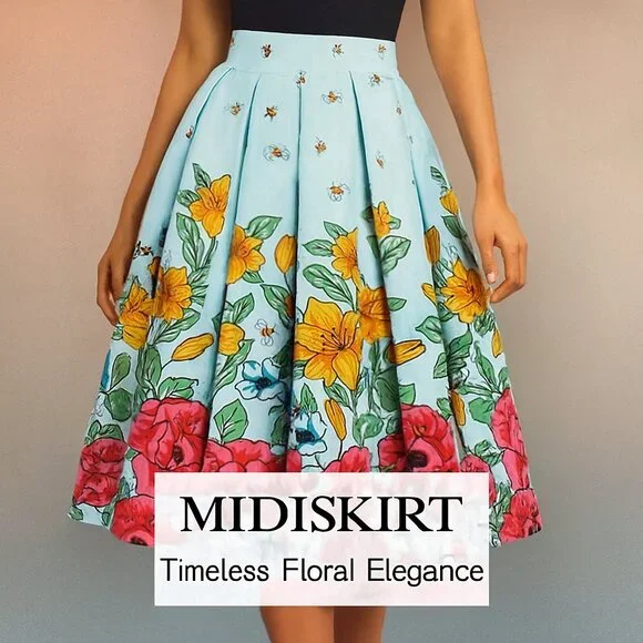 🐝 Floral Bee Print Pleated Midi Skirt – High Waist  Vintage-Inspired  Size M - Picture 2 of 7